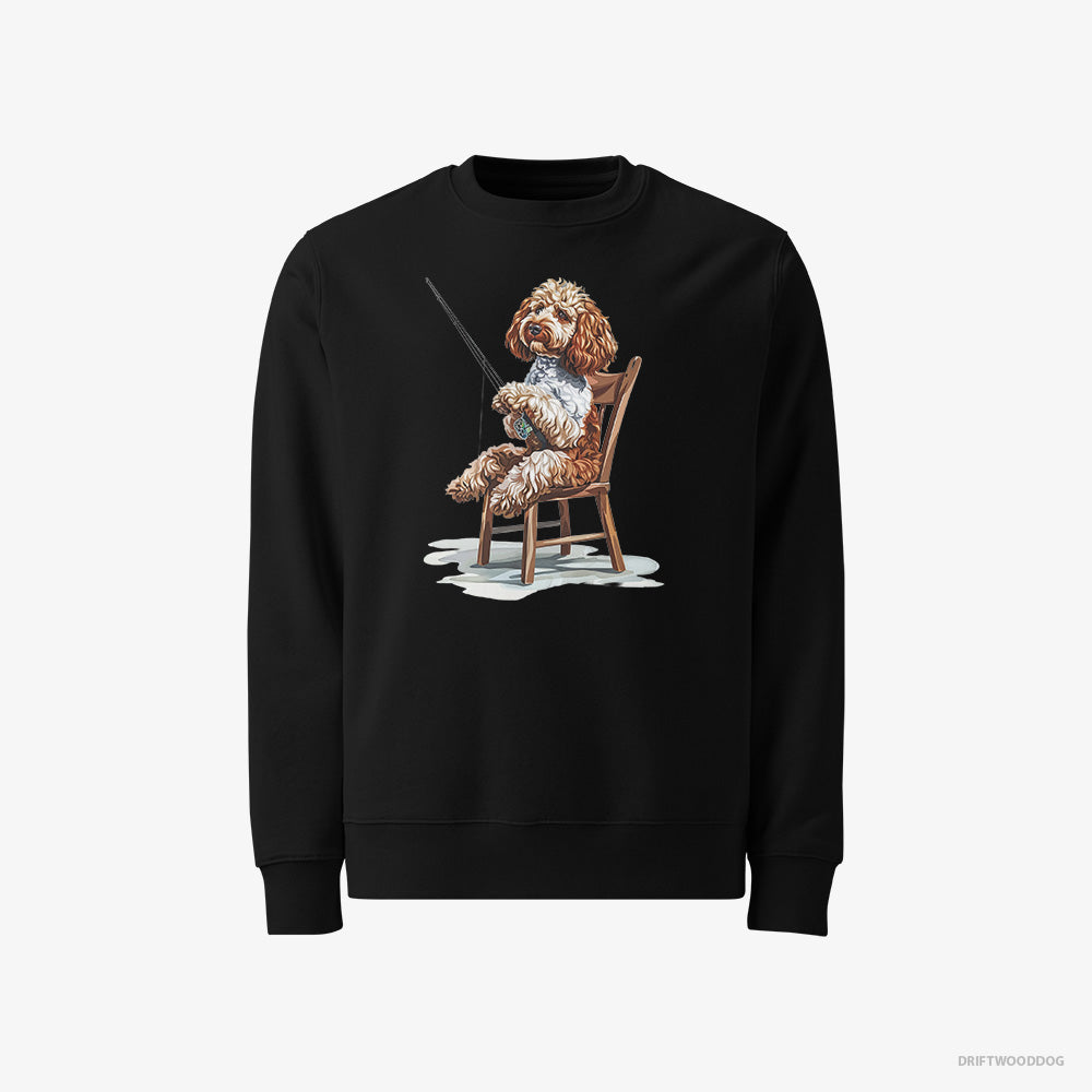 Poodle Sweatshirt – Men Black Sweatshirt Classic – with a Fishing Rod (on White Background)