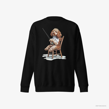 Poodle Sweatshirt – Women Black Sweatshirt Eco-Friendly – with a Fishing Rod (on White Background)