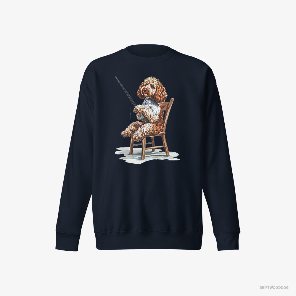 Poodle Sweatshirt – Women Navy Sweatshirt Eco-Friendly – with a Fishing Rod (on White Background)