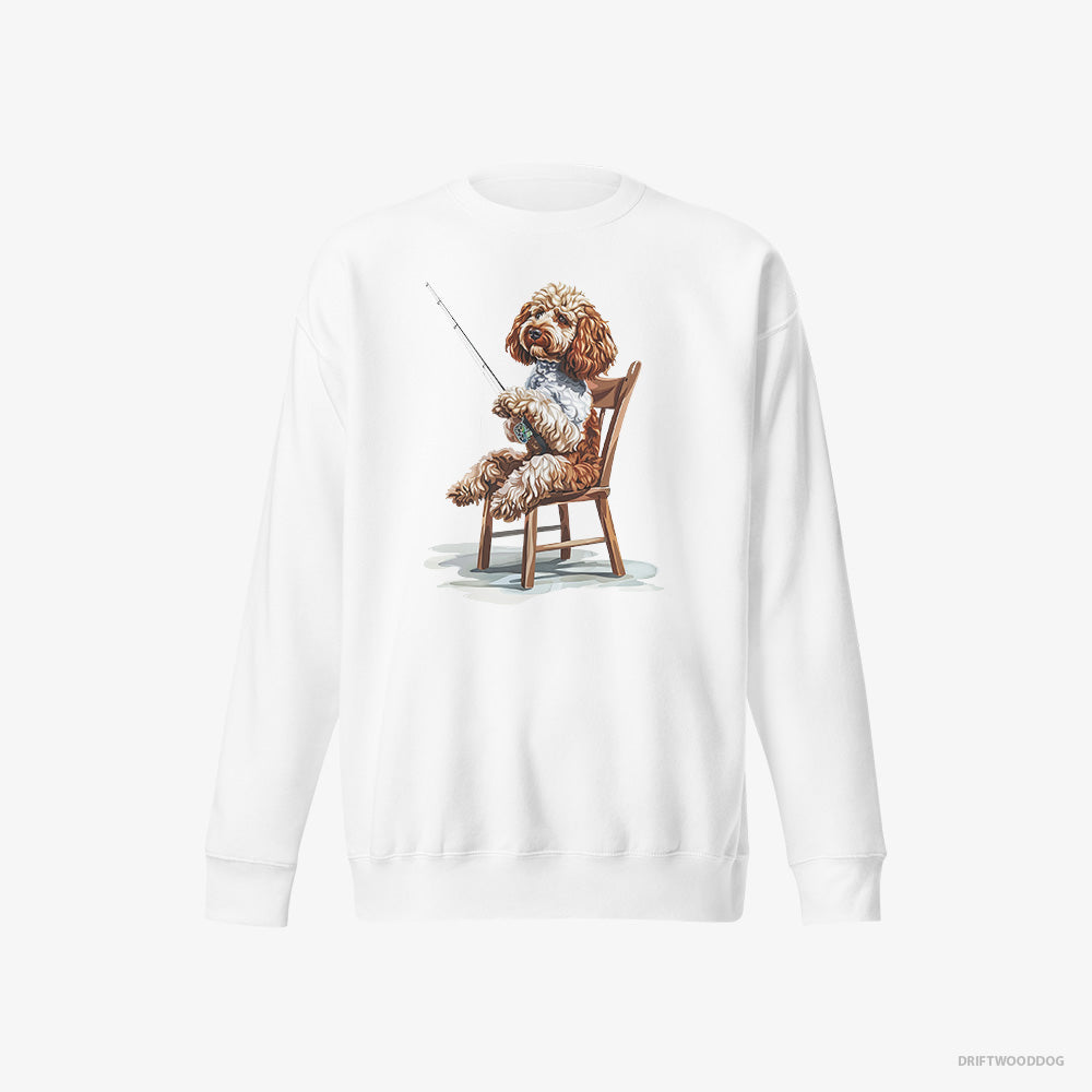 Poodle Sweatshirt – Women White Sweatshirt Eco-Friendly – with a Fishing Rod (on White Background)