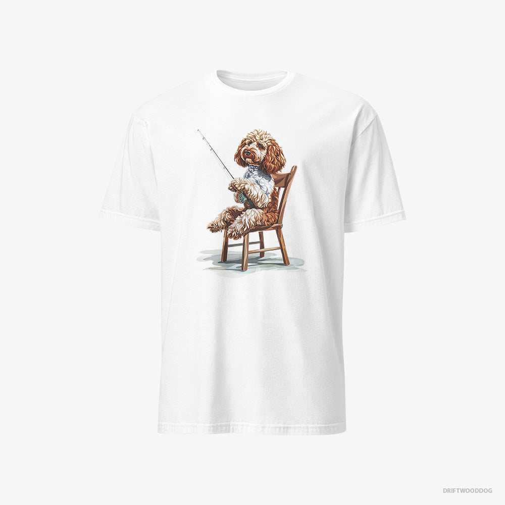 Poodle T-Shirt – Men White T-Shirt Classic – with a Fishing Rod (on White Background)