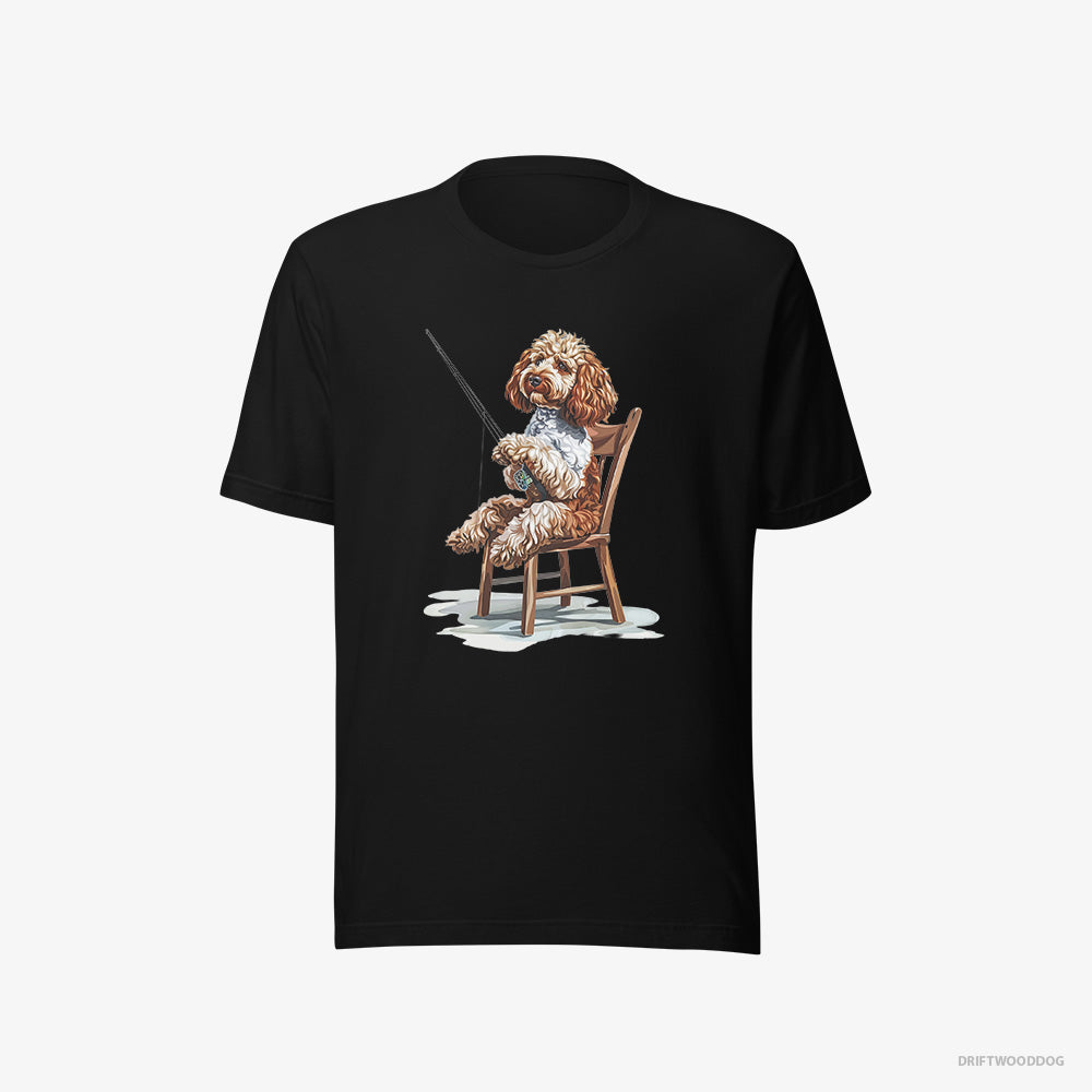 Poodle T-Shirt – Women Black T-Shirt Eco-Friendly – with a Fishing Rod (on White Background)