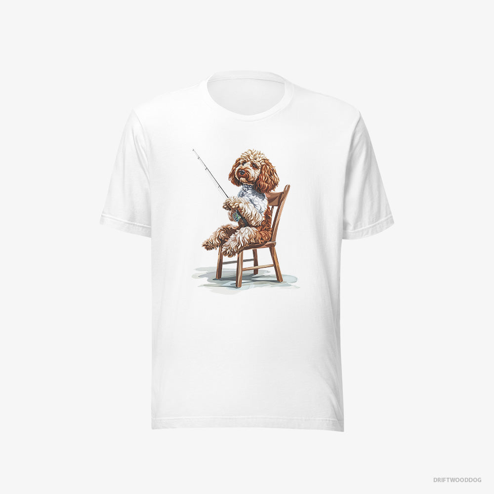 Poodle T-Shirt – Women White T-Shirt Eco-Friendly – with a Fishing Rod (on White Background)