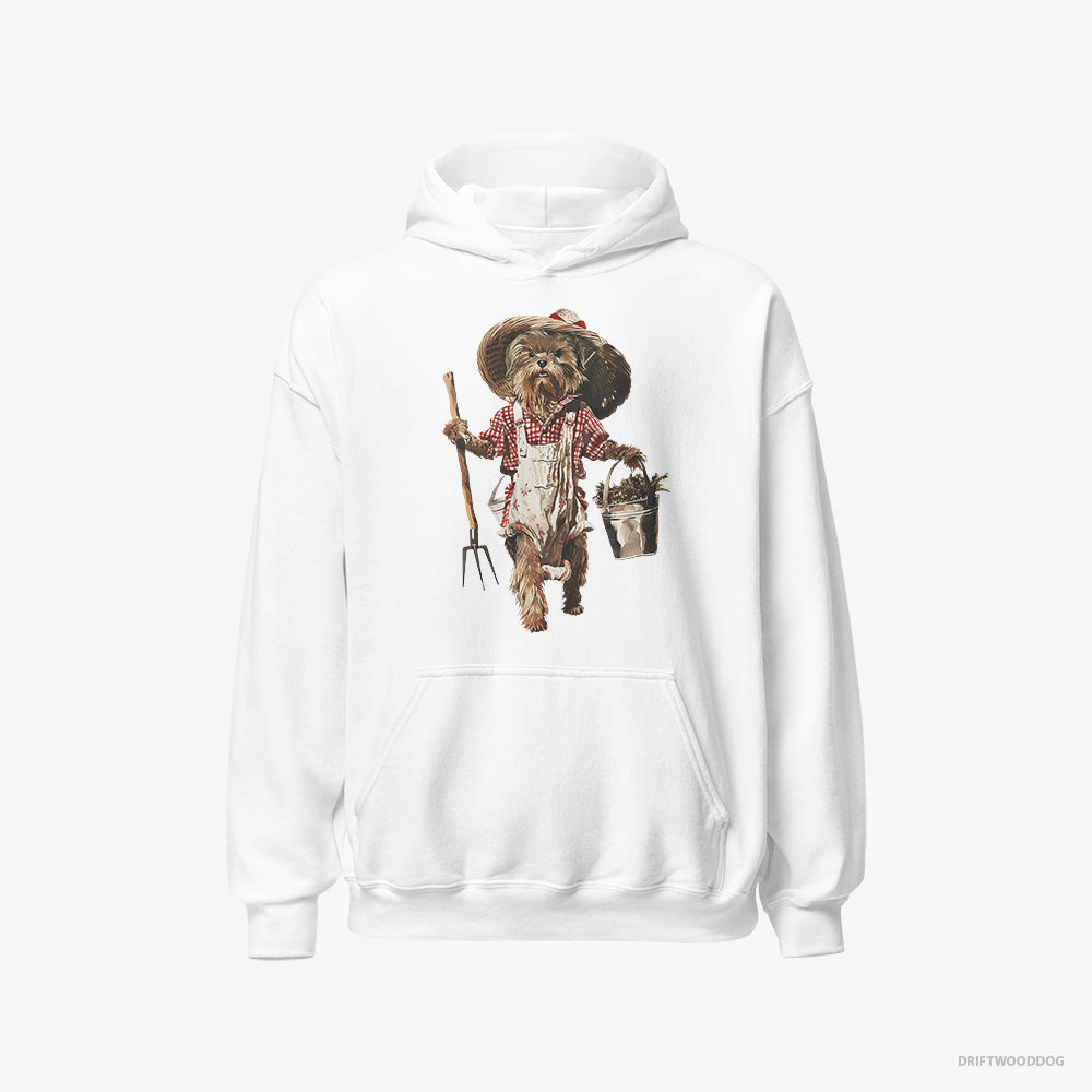 Yorkshire Terrier Hoodie – Women White Hoodie Classic – Dressed in Farmer's Clothes (on White Background)