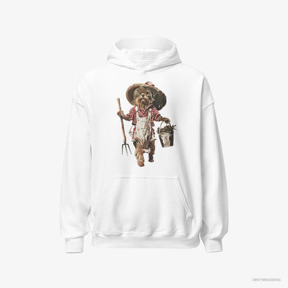 Yorkshire Terrier Dressed in Farmer's Clothes White Hoodie