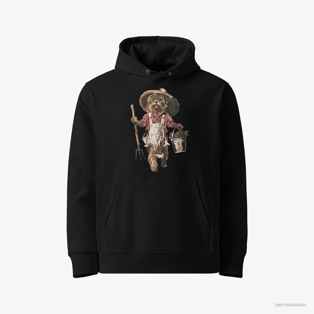 Yorkshire Terrier Hoodie – Women Black Hoodie Eco-Friendly – Dressed in Farmer's Clothes (on White Background)