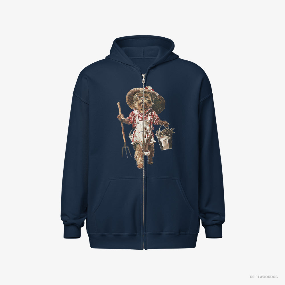 Yorkshire Terrier Hoodie – Men Navy Hoodie Full-Zip – Dressed in Farmer's Clothes (on White Background)