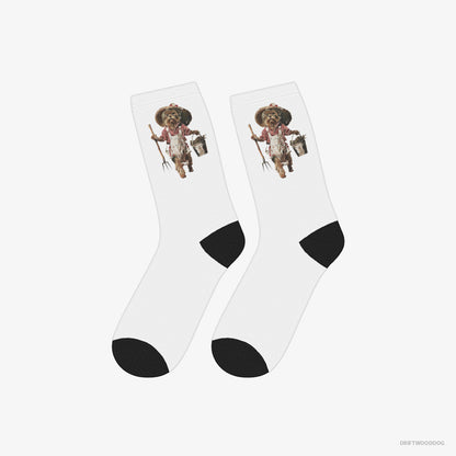 Yorkshire Terrier Socks – Unisex White Socks Classic – Dressed in Farmer's Clothes (on White Background)