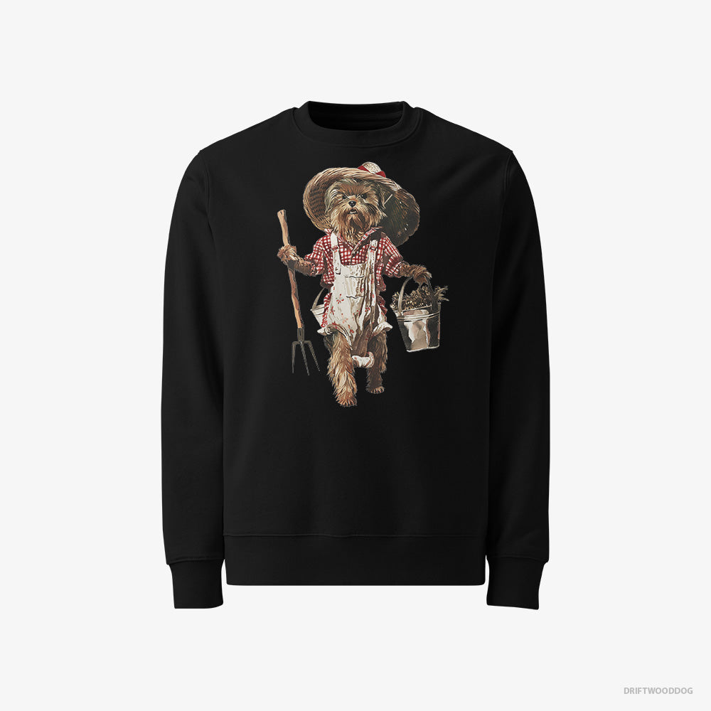 Yorkshire Terrier Sweatshirt – Men Black Sweatshirt Classic – Dressed in Farmer's Clothes (on White Background)