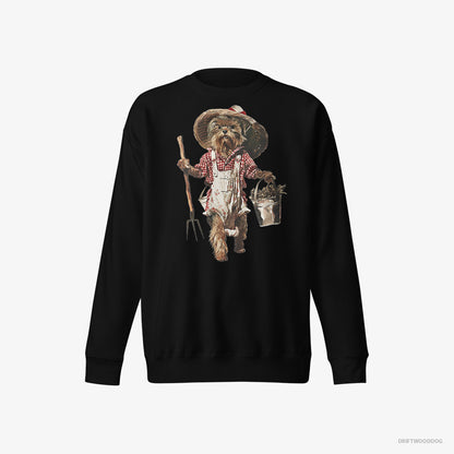 Yorkshire Terrier Dressed in Farmer's Clothes Black Sweatshirt