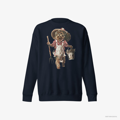 Yorkshire Terrier Sweatshirt – Men Navy Sweatshirt Eco-Friendly – Dressed in Farmer's Clothes (on White Background)