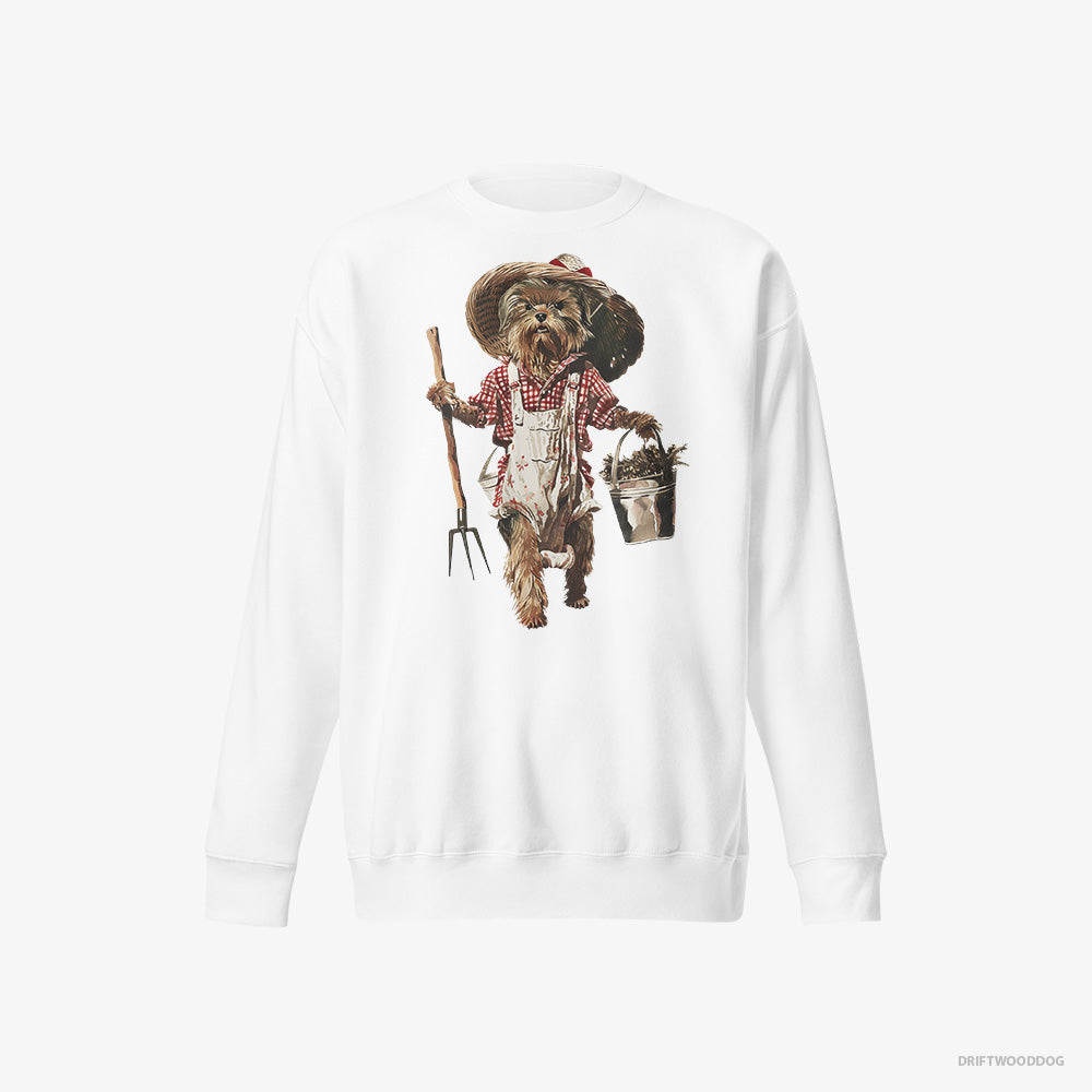 Yorkshire Terrier Sweatshirt – Men White Sweatshirt Eco-Friendly – Dressed in Farmer's Clothes (on White Background)