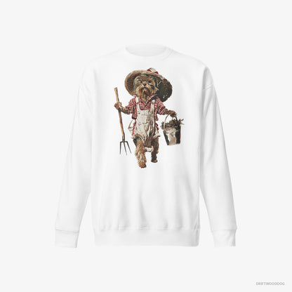 Yorkshire Terrier Dressed in Farmer's Clothes White Sweatshirt