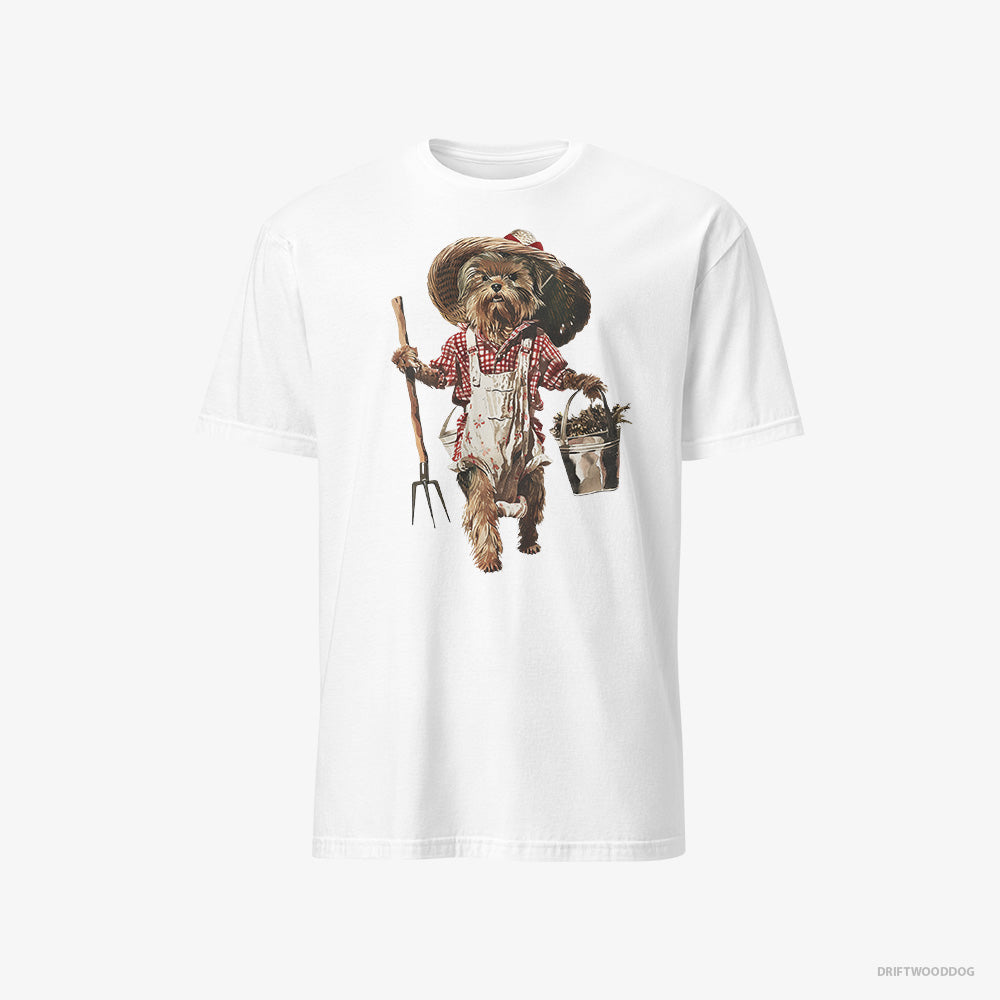 Yorkshire Terrier T-Shirt – Men White T-Shirt Classic – Dressed in Farmer's Clothes (on White Background)