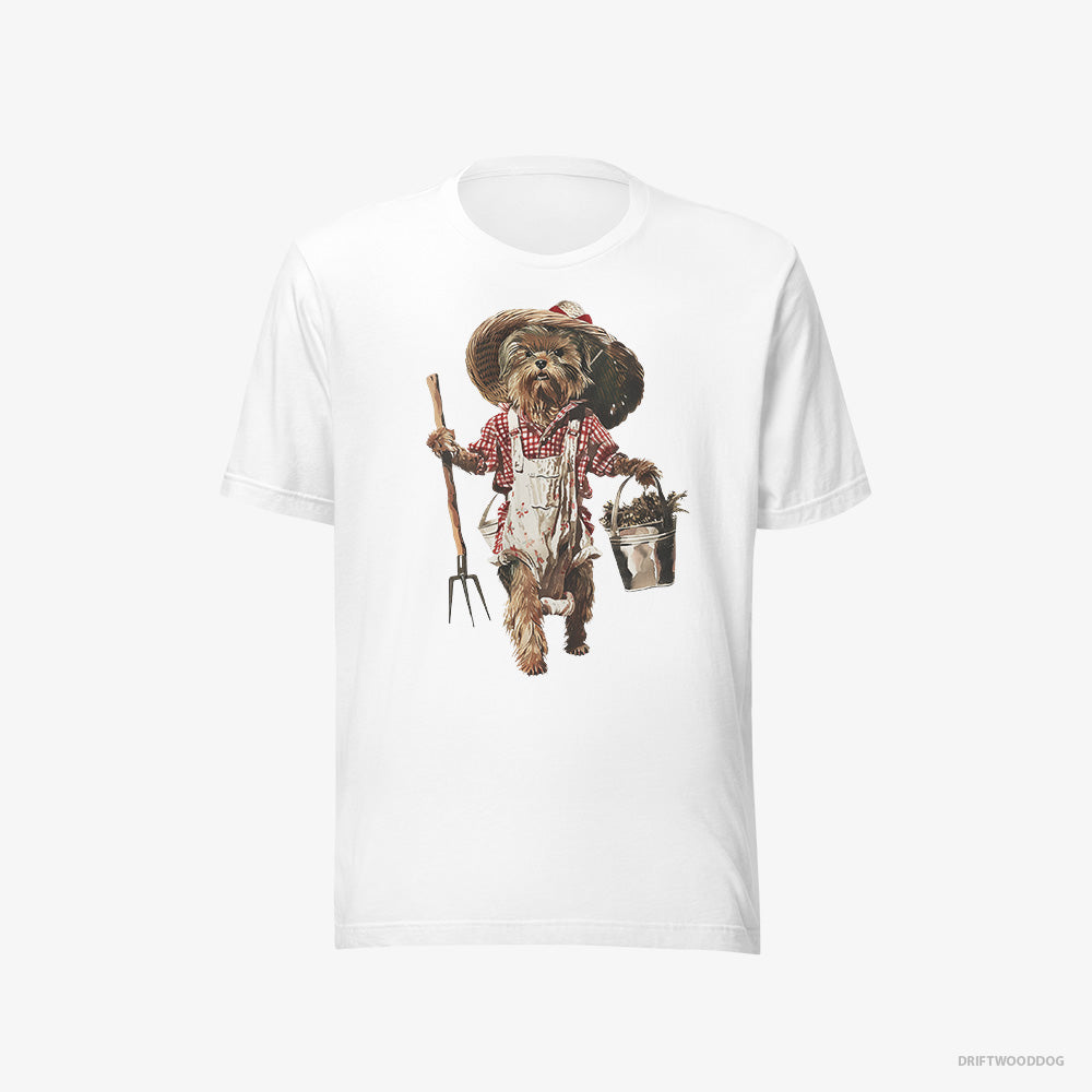 Yorkshire Terrier T-Shirt – Men White T-Shirt Eco-Friendly – Dressed in Farmer's Clothes (on White Background)