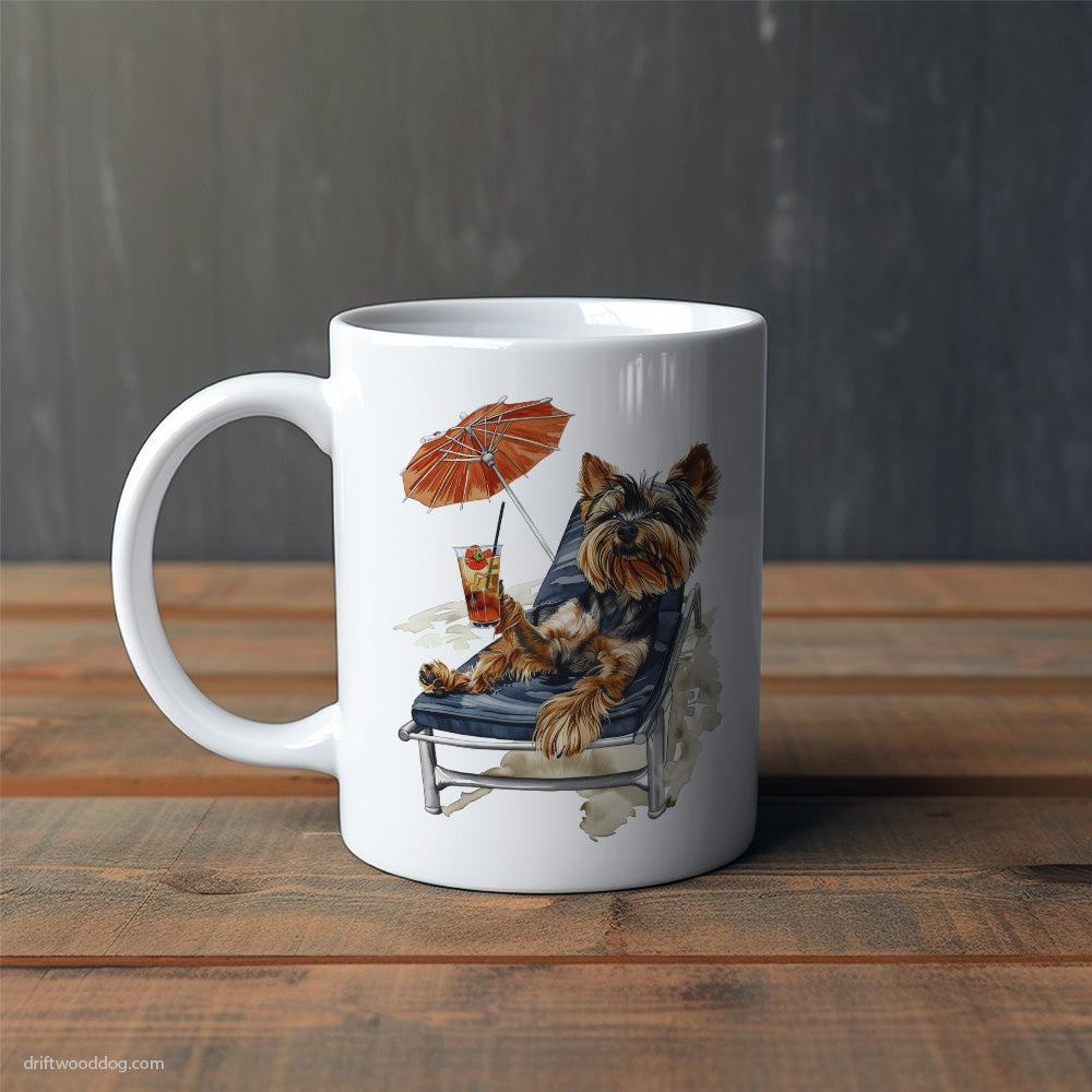 Yorkshire Terrier Resting on a Beach Chair Mug – Cute Dog-Themed Mugs | Perfect Gifts for Dog Lovers