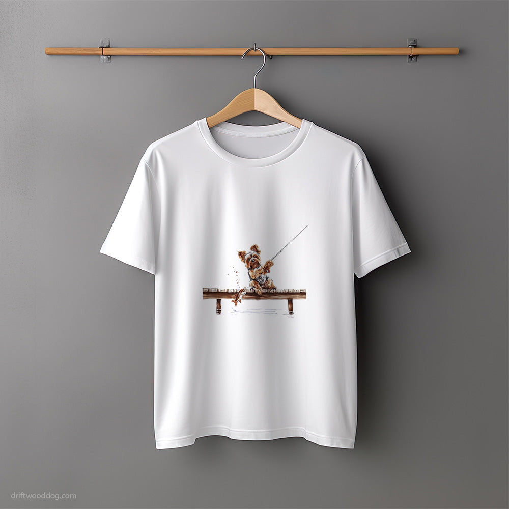 Yorkshire Terrier with a Fishing Rod T-Shirt – Unisex Tee for Dog Lovers