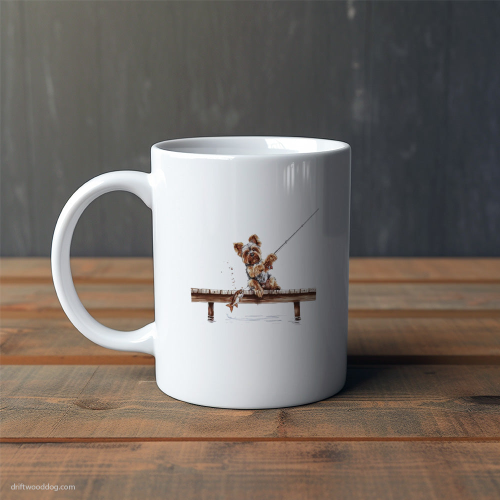 Yorkshire Terrier with a Fishing Rod Mug – Cute Dog-Themed Mugs | Perfect Gifts for Dog Lovers