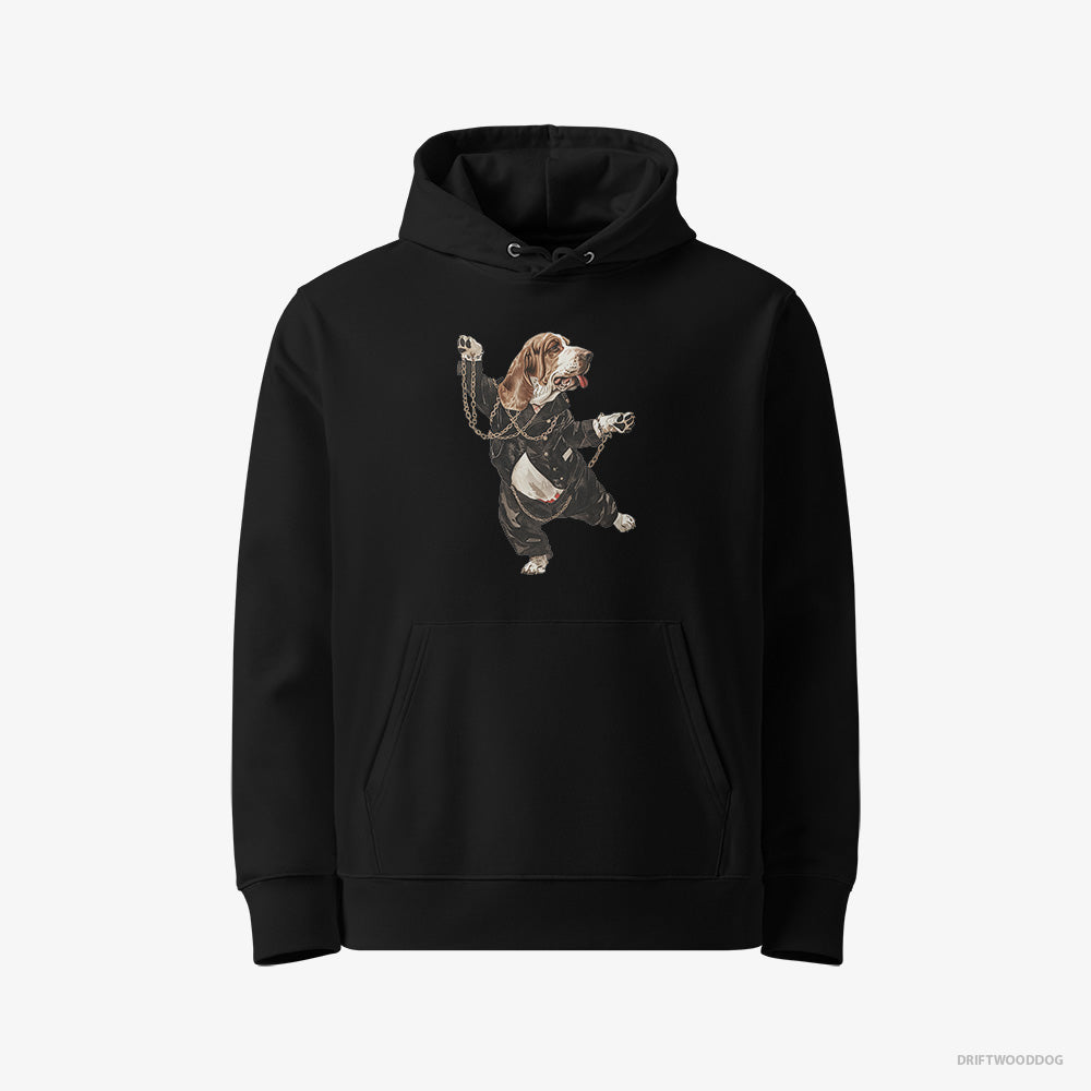 Basset Hound Hoodie – Women Black Hoodie Eco-Friendly – Dancing in Chains (on White Background)