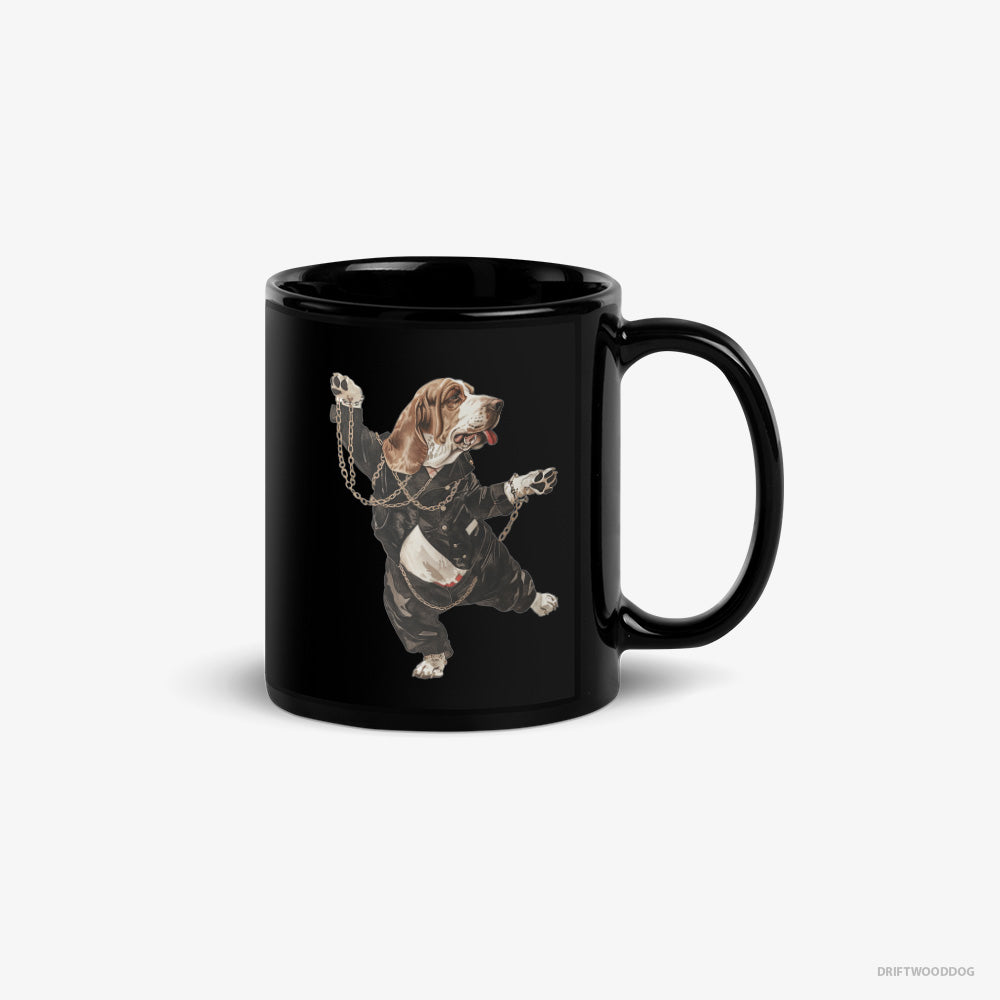 Basset Hound Mug – Unisex Black Mug Classic – Dancing in Chains (on White Background)