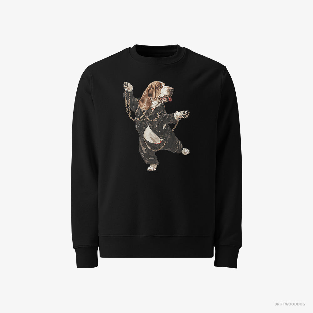 Basset Hound Sweatshirt – Men Black Sweatshirt Classic – Dancing in Chains (on White Background)