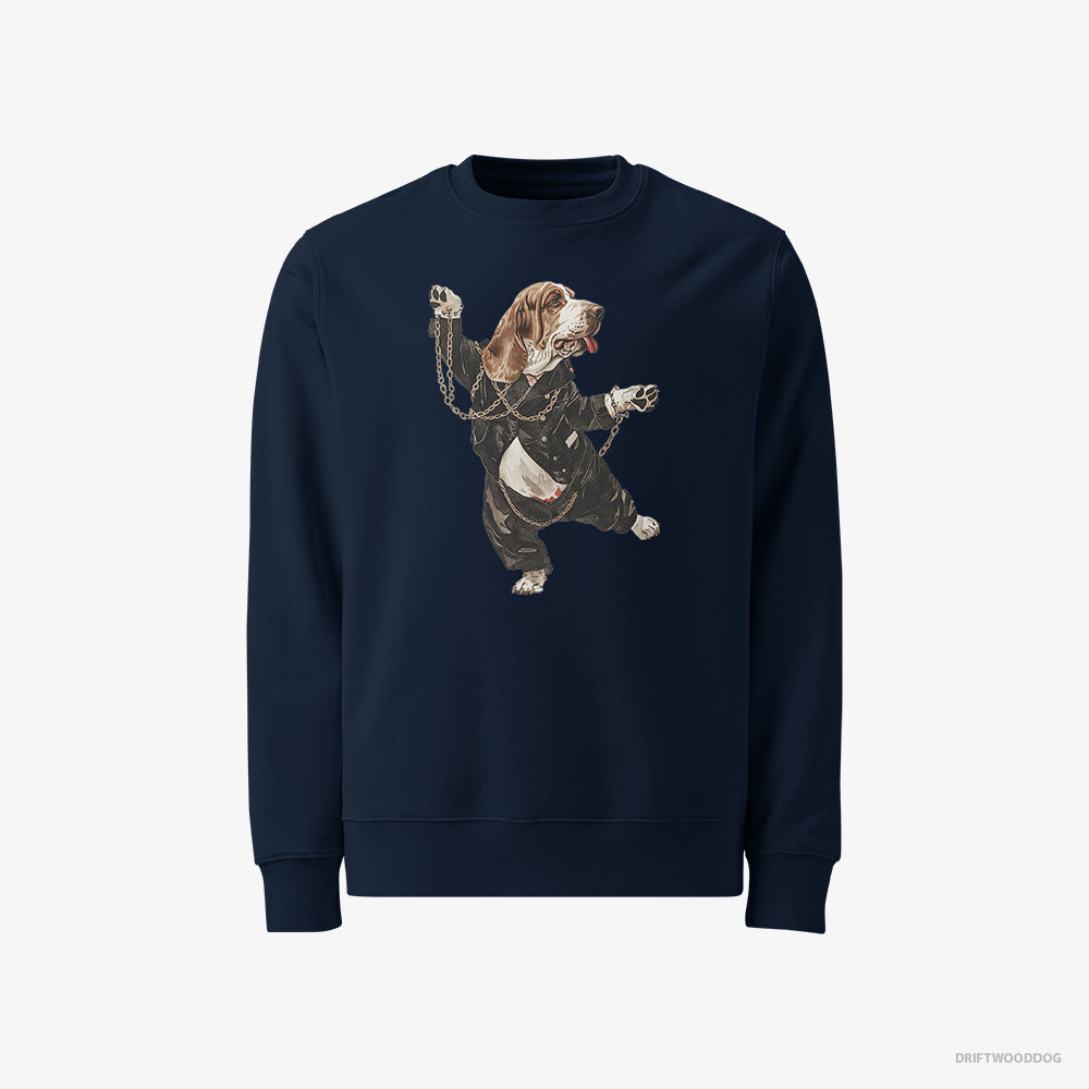 Basset Hound Sweatshirt – Men Navy Sweatshirt Classic – Dancing in Chains (on White Background)