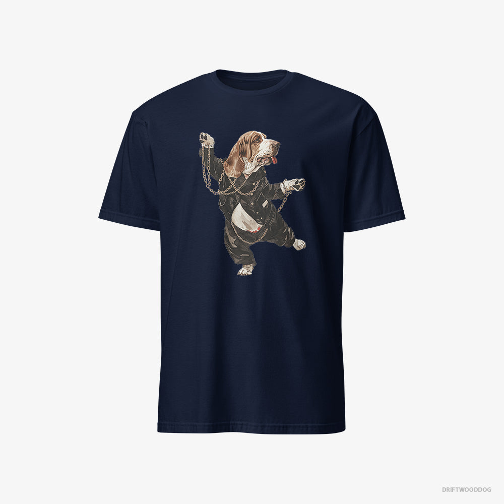 Basset Hound T-Shirt – Men Navy T-Shirt Classic – Dancing in Chains (on White Background)