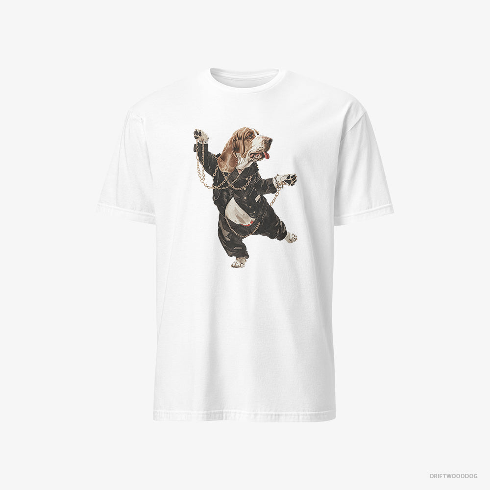 Basset Hound T-Shirt – Men White T-Shirt Classic – Dancing in Chains (on White Background)