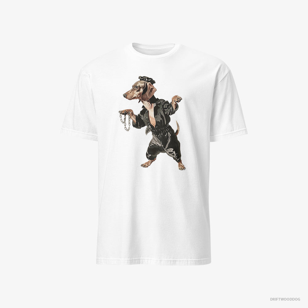 Basset Hound T-Shirt – Men White T-Shirt Eco-Friendly – Dancing in Chains (on White Background)