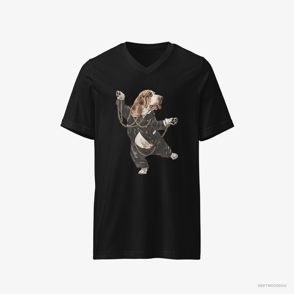 Basset Hound T-Shirt – Men Black T-Shirt V-Neck – Dancing in Chains (on White Background)