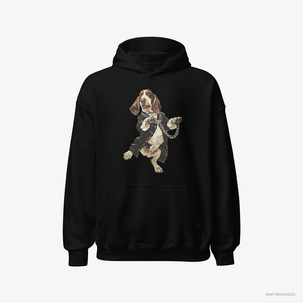 Basset Hound Hoodie – Men Black Hoodie Classic – Grooving in Black (on White Background)