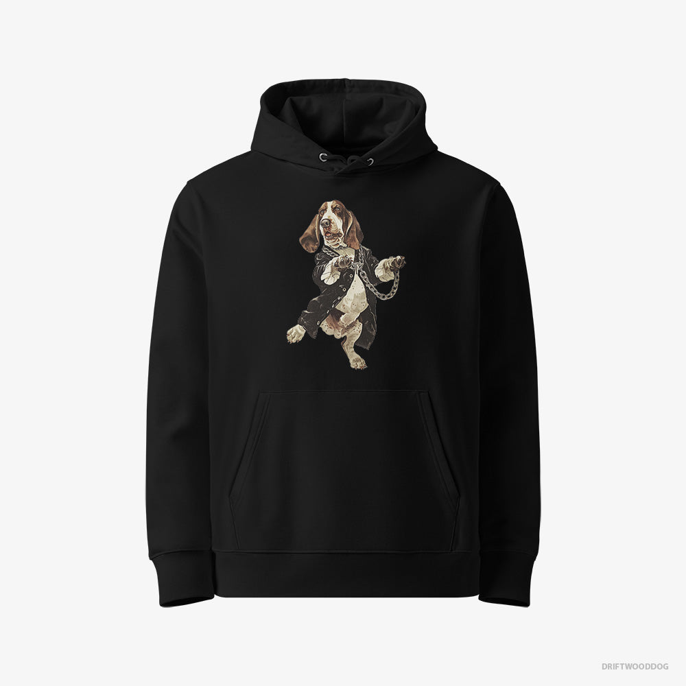 Basset Hound Hoodie – Women Black Hoodie Eco-Friendly – Grooving in Black (on White Background)