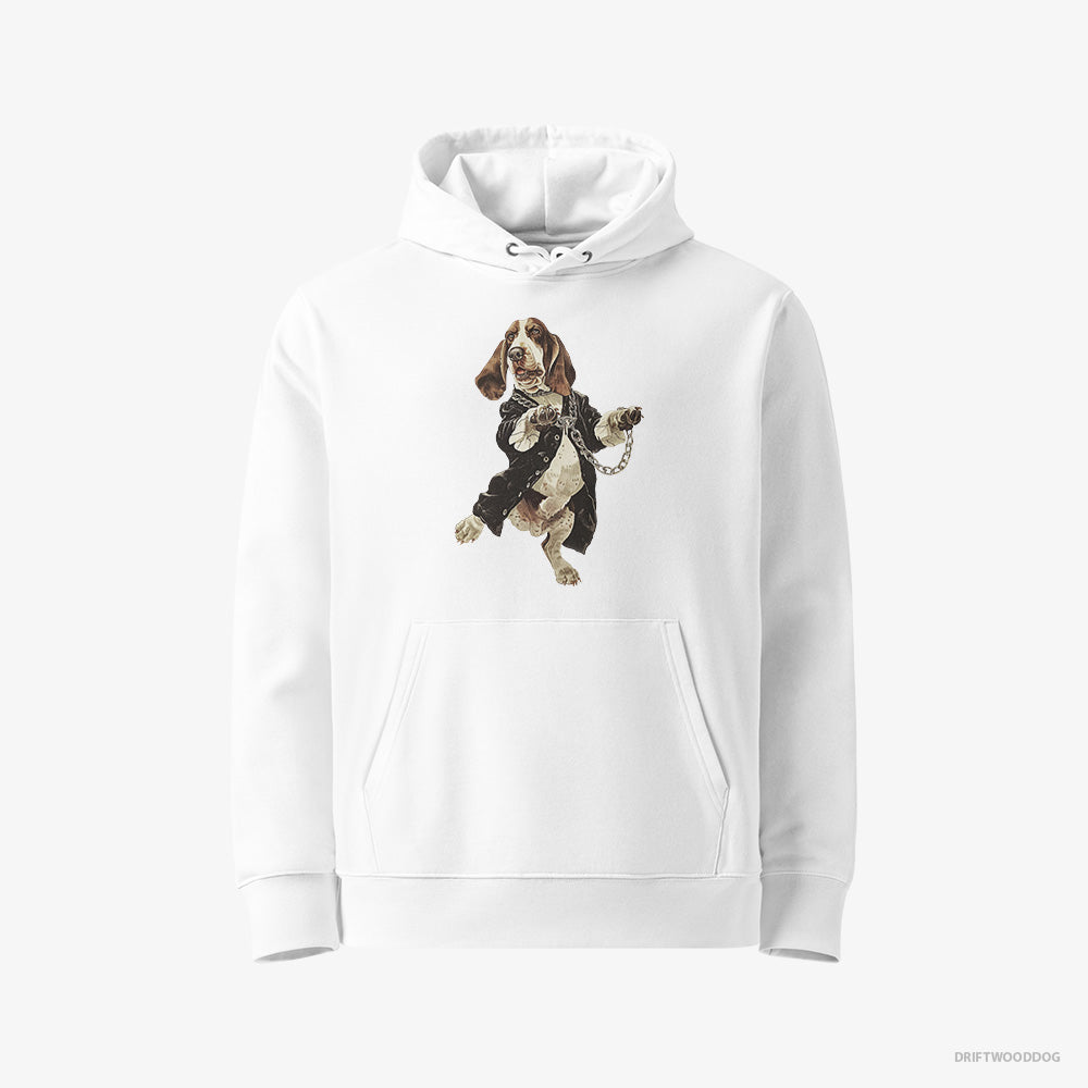 Basset Hound Hoodie – Men White Hoodie Eco-Friendly – Grooving in Black (on White Background)