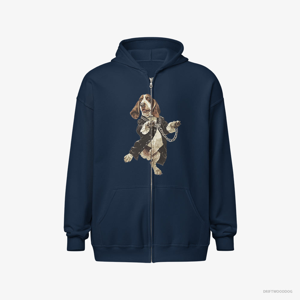 Basset Hound Hoodie – Women Navy Hoodie Full-Zip – Grooving in Black (on White Background)