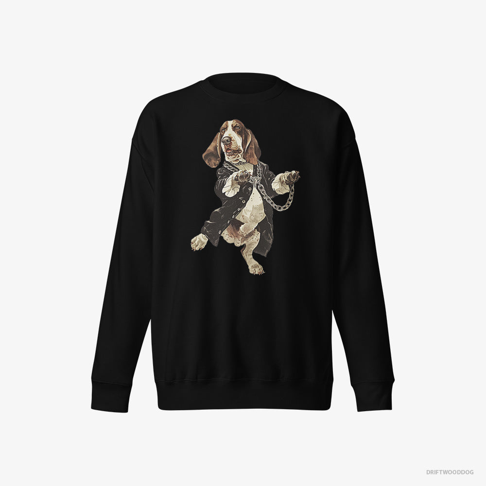 Basset Hound Sweatshirt – Men Black Sweatshirt Eco-Friendly – Grooving in Black (on White Background)