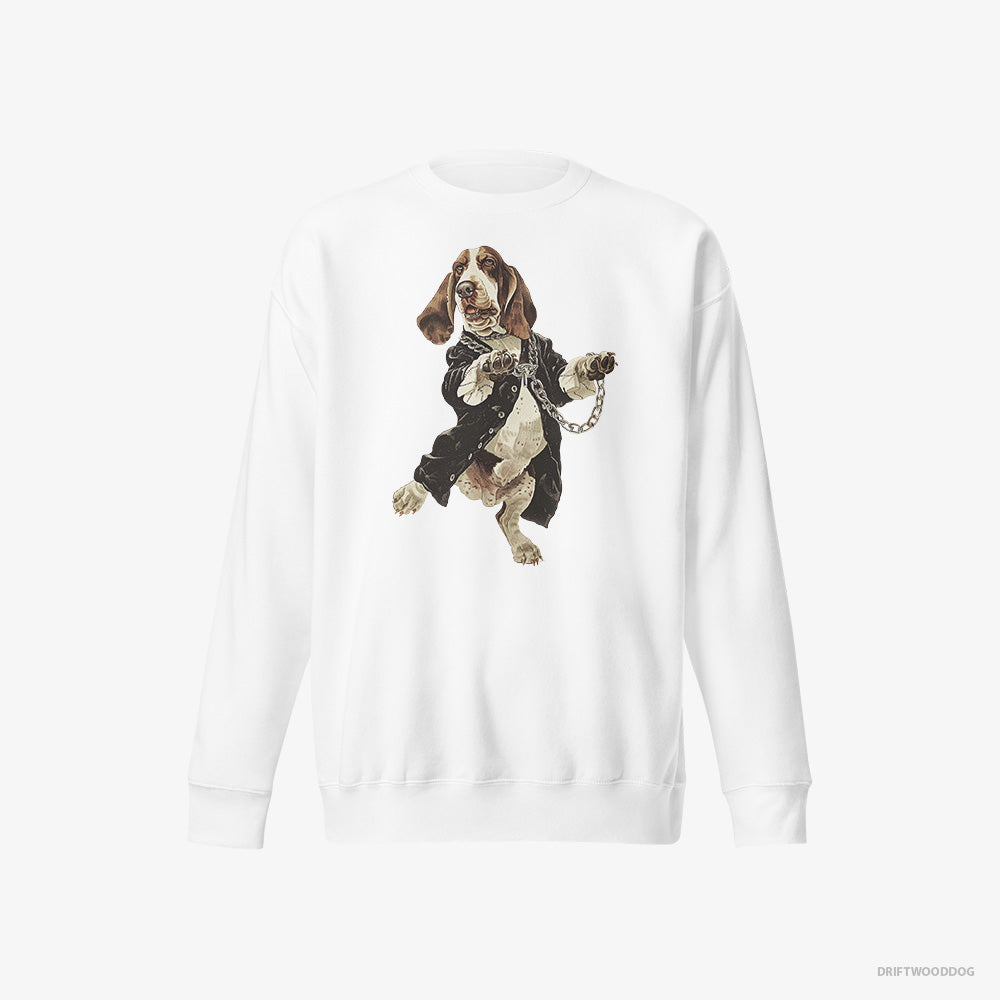 Basset Hound Sweatshirt – Men White Sweatshirt Eco-Friendly – Grooving in Black (on White Background)