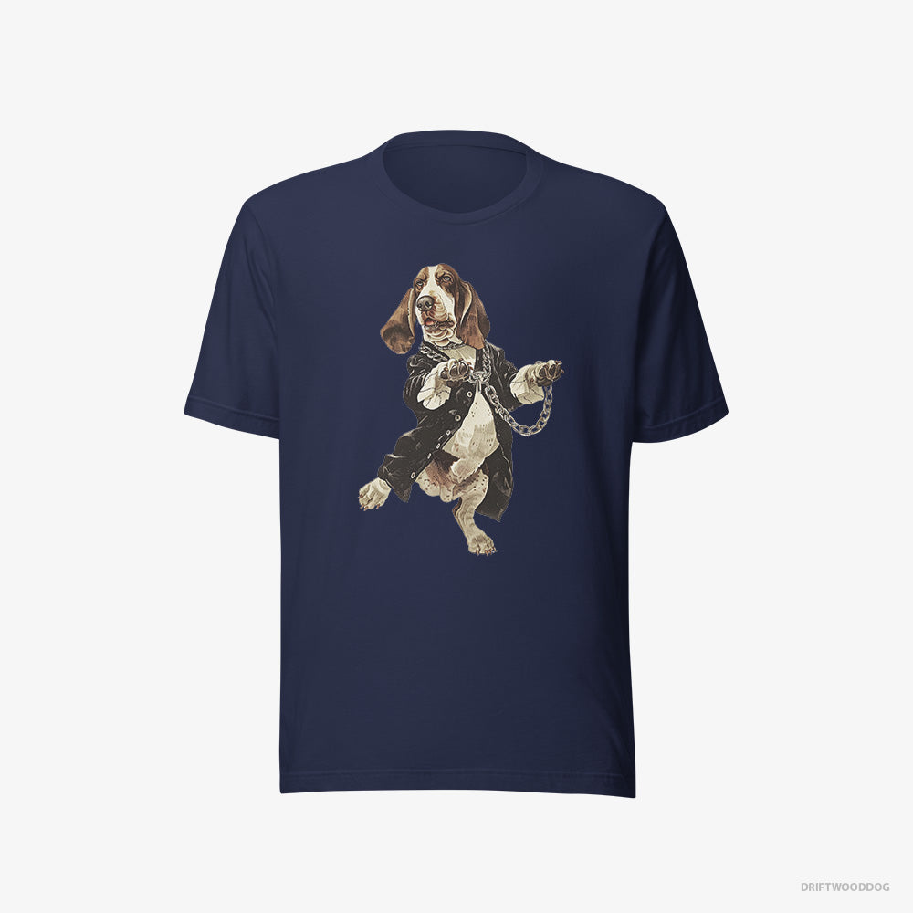 Basset Hound T-Shirt – Women Navy T-Shirt Eco-Friendly – Grooving in Black (on White Background)