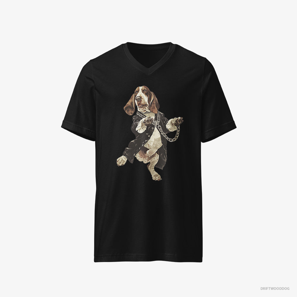 Basset Hound T-Shirt – Men Black T-Shirt V-Neck – Grooving in Black (on White Background)