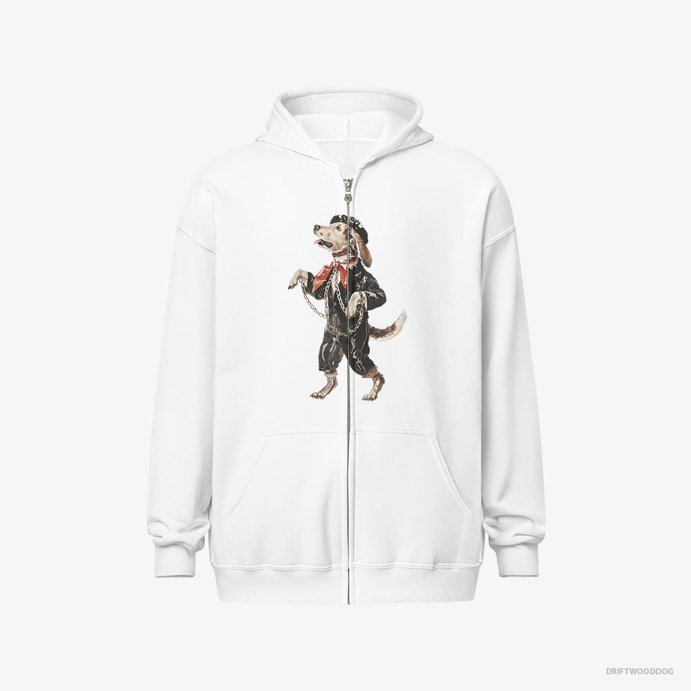 Beagle Hoodie – Men White Hoodie Full-Zip – Headbanging in Chains (on White Background)