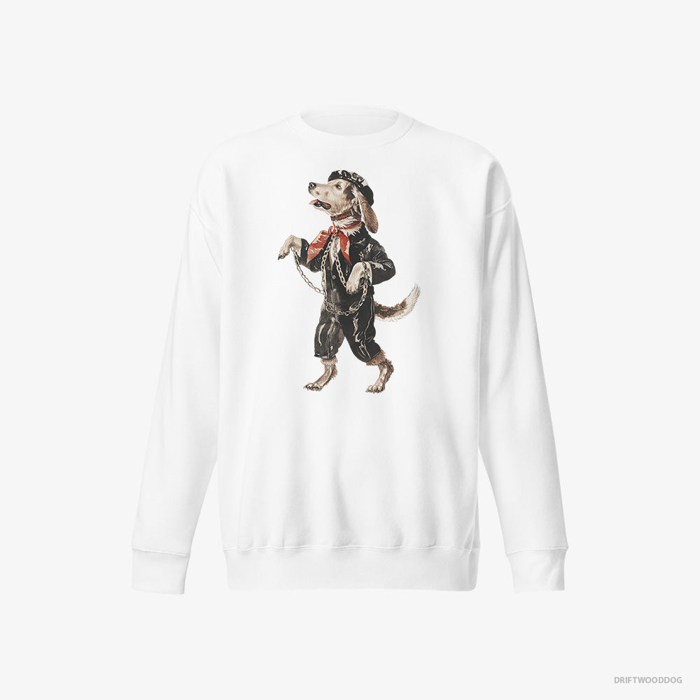 Beagle Sweatshirt – Men White Sweatshirt Eco-Friendly – Headbanging in Chains (on White Background)