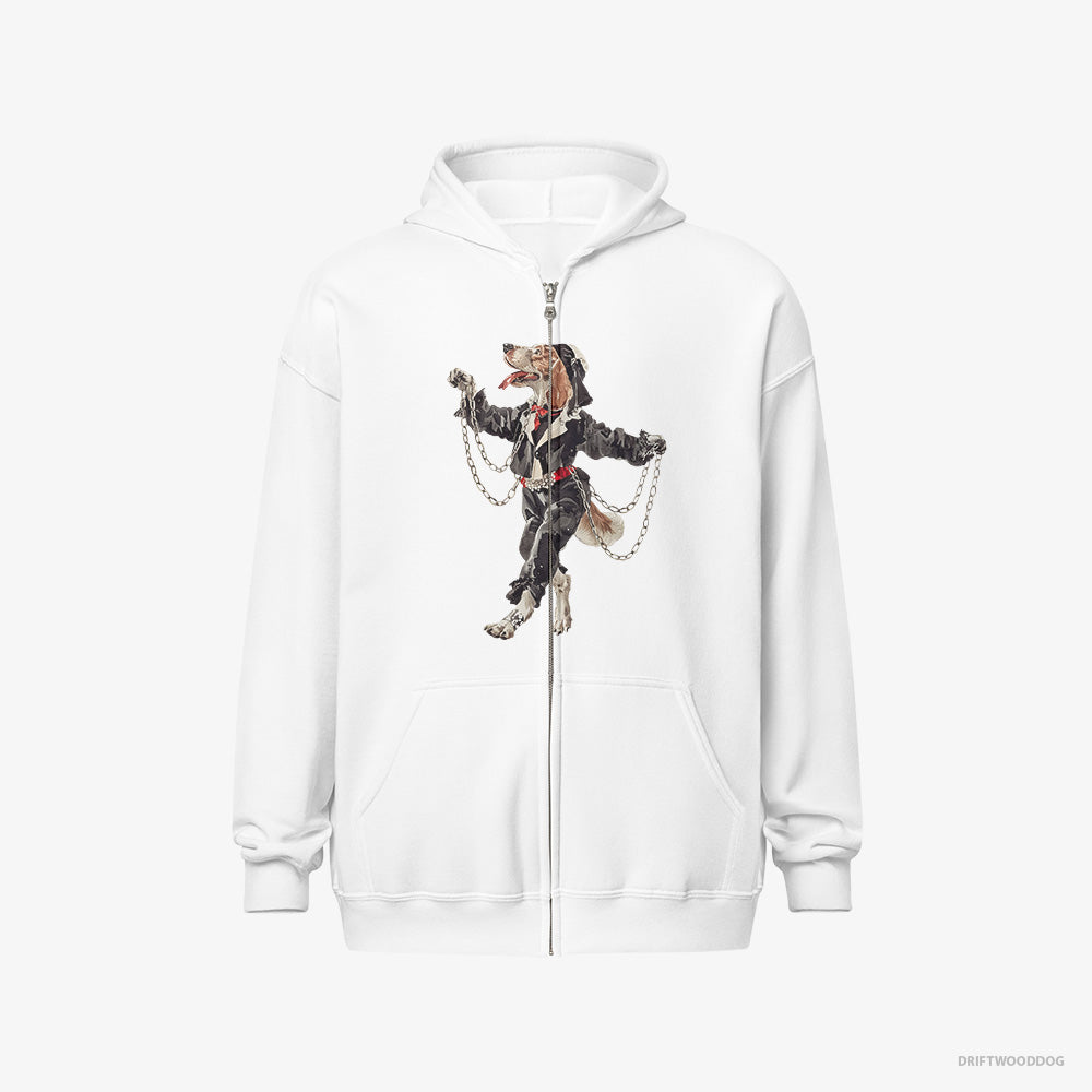 Beagle Hoodie – Men White Hoodie Full-Zip – Spinning in the Club (on White Background)