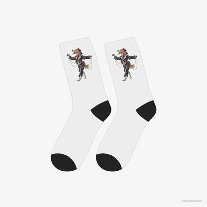 Beagle Socks – Unisex White Socks Classic – Spinning in the Club (on White Background)