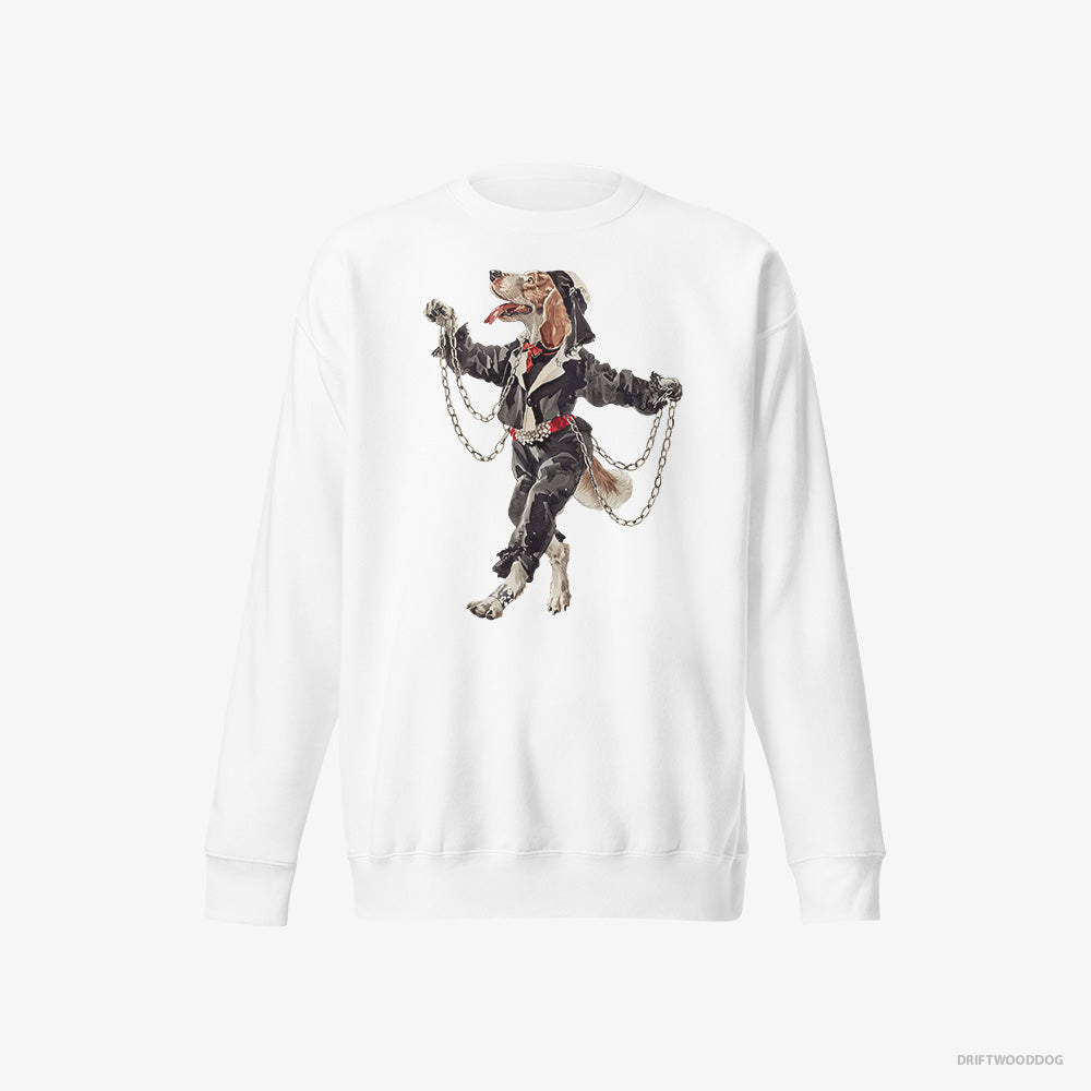 Beagle Sweatshirt – Men White Sweatshirt Eco-Friendly – Spinning in the Club (on White Background)