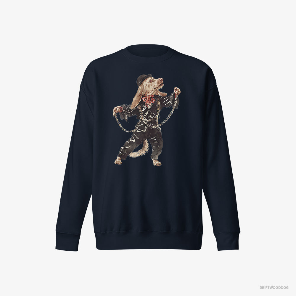 Beagle Sweatshirt – Women Navy Sweatshirt Eco-Friendly – Stomping to the Beat (on White Background)