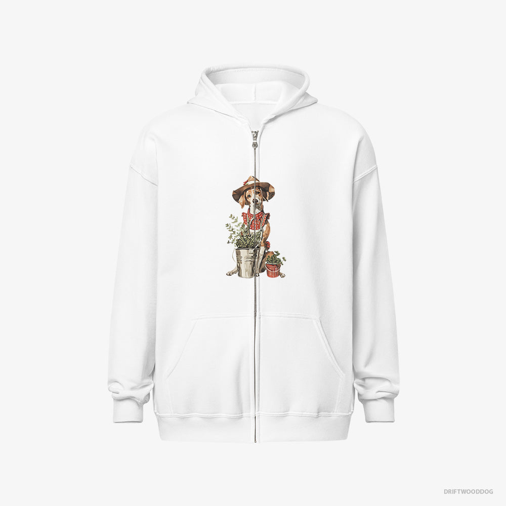 Beagle Hoodie – Men White Hoodie Full-Zip – Collecting Herbs (on White Background)