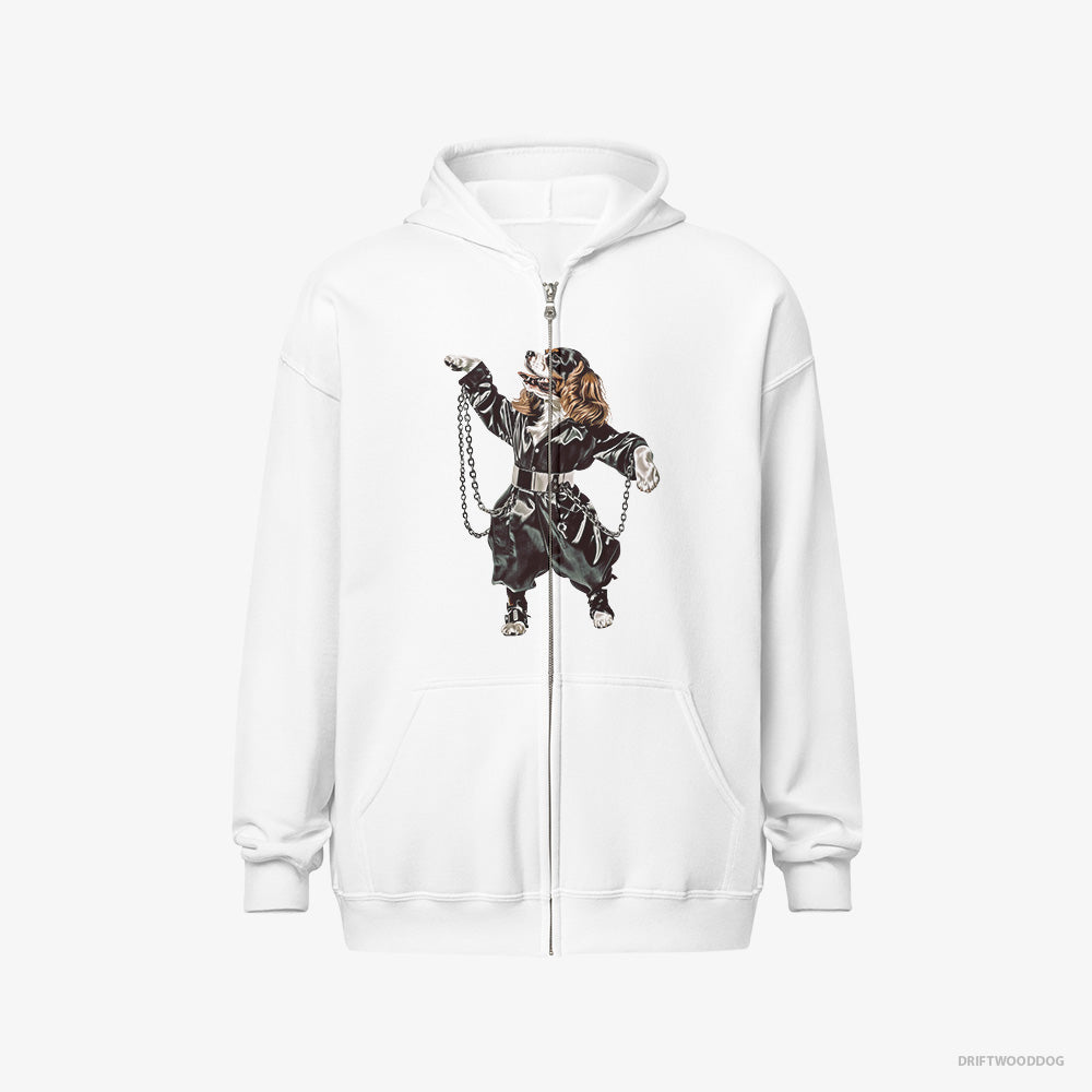 Cavalier King Charles Spaniel Hoodie – Men White Hoodie Full-Zip – Grooving in Chains (on White Background)