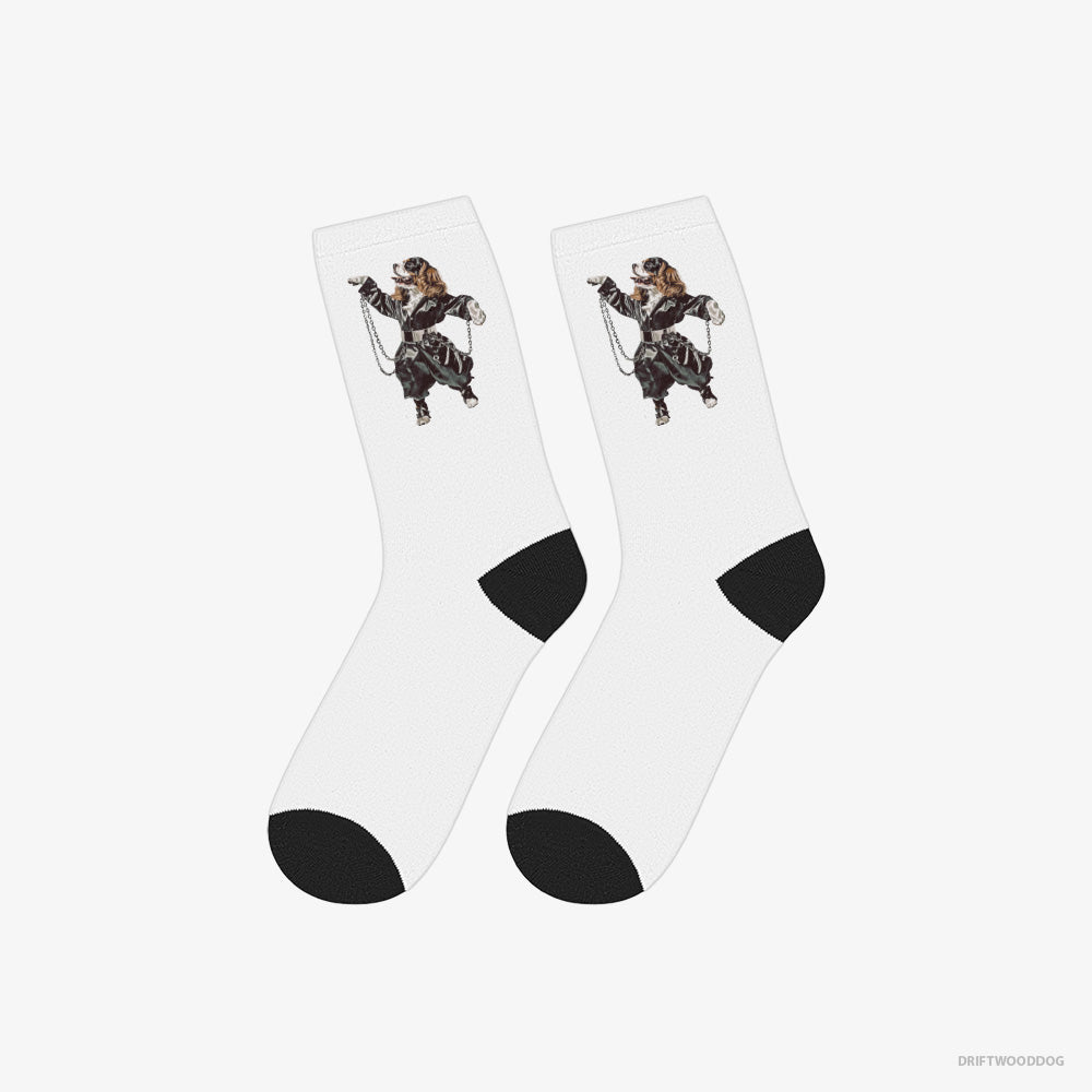 Cavalier King Charles Spaniel Socks – Unisex White Socks Classic – Grooving in Chains (on White Background)