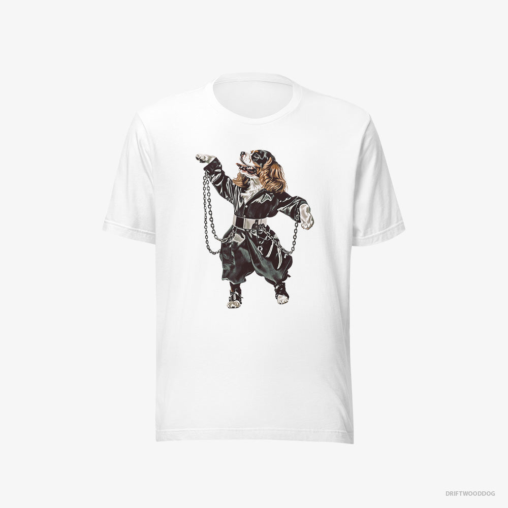 Cavalier King Charles Spaniel T-Shirt – Men White T-Shirt Eco-Friendly – Grooving in Chains (on White Background)