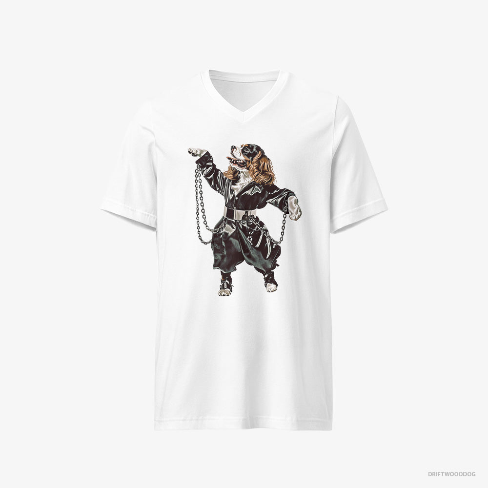 Cavalier King Charles Spaniel T-Shirt – Women White T-Shirt V-Neck – Grooving in Chains (on White Background)