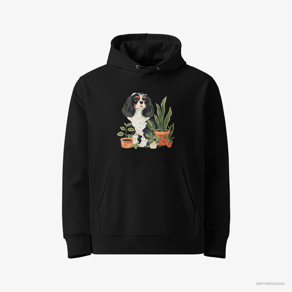 Cavalier King Charles Spaniel Hoodie – Women Black Hoodie Eco-Friendly – Admiring the Greenery (on White Background)